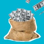 A sack filled with money in front of a blue background.