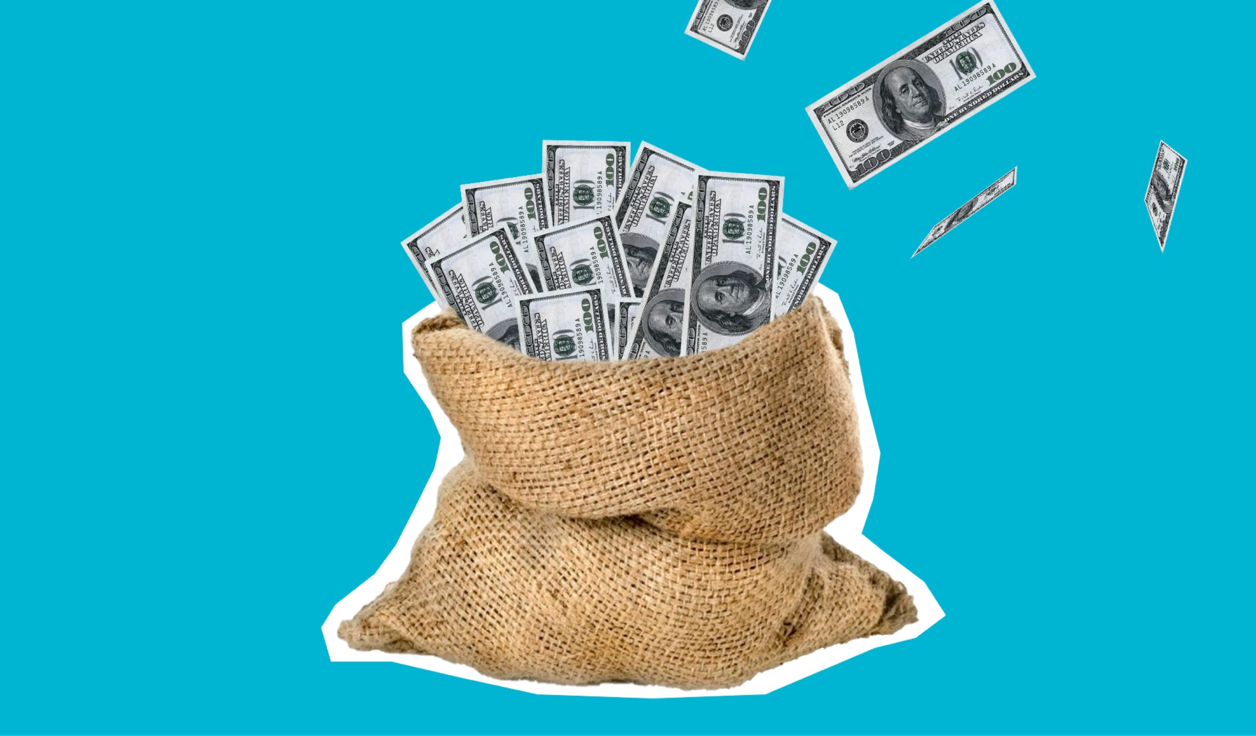 A sack filled with money in front of a blue background.